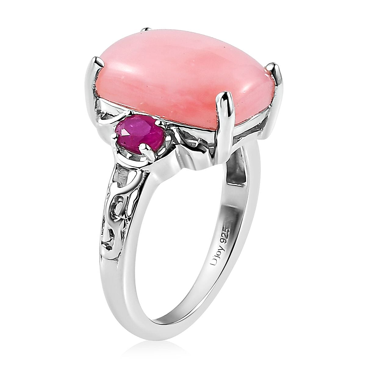 Peruvian Pink Opal and African Ruby (FF) Ring in Platinum Over Sterling Silver (Size 10.0) 6.50 ctw image number 3