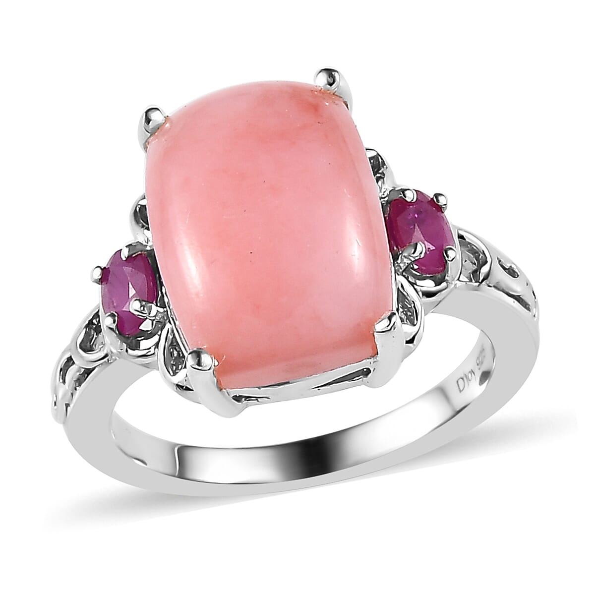 Blue White Pink Fire Opal Ring - Rhodium Plated, Sizes 5-10, October Birthstone Gift