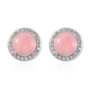 Peruvian Pink Opal and White Zircon Halo Stud Earrings in Platinum Over Sterling Silver 4.10 ctw