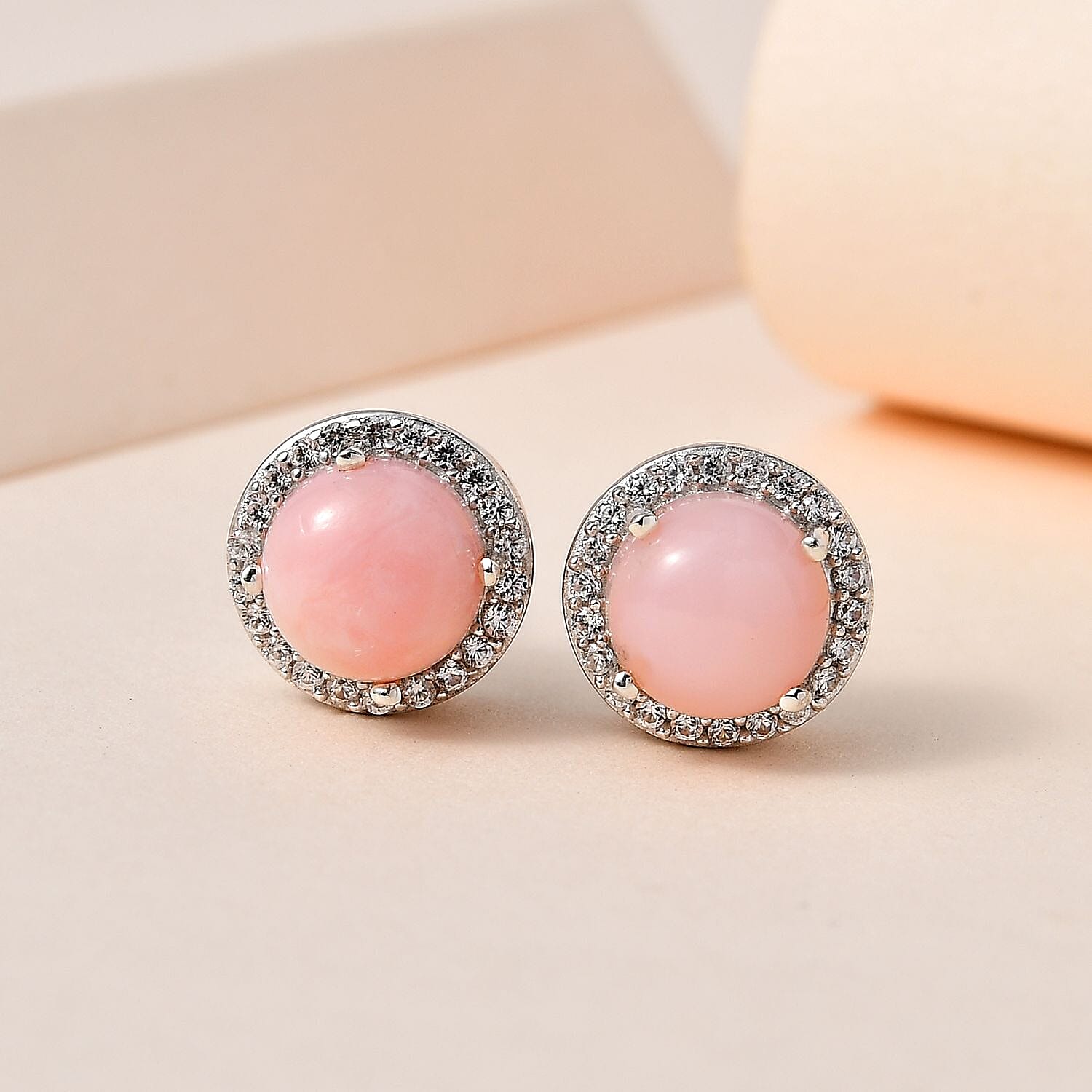 Peruvian Pink Opal and White Zircon Halo Stud Earrings in Platinum Over Sterling Silver 4.10 ctw