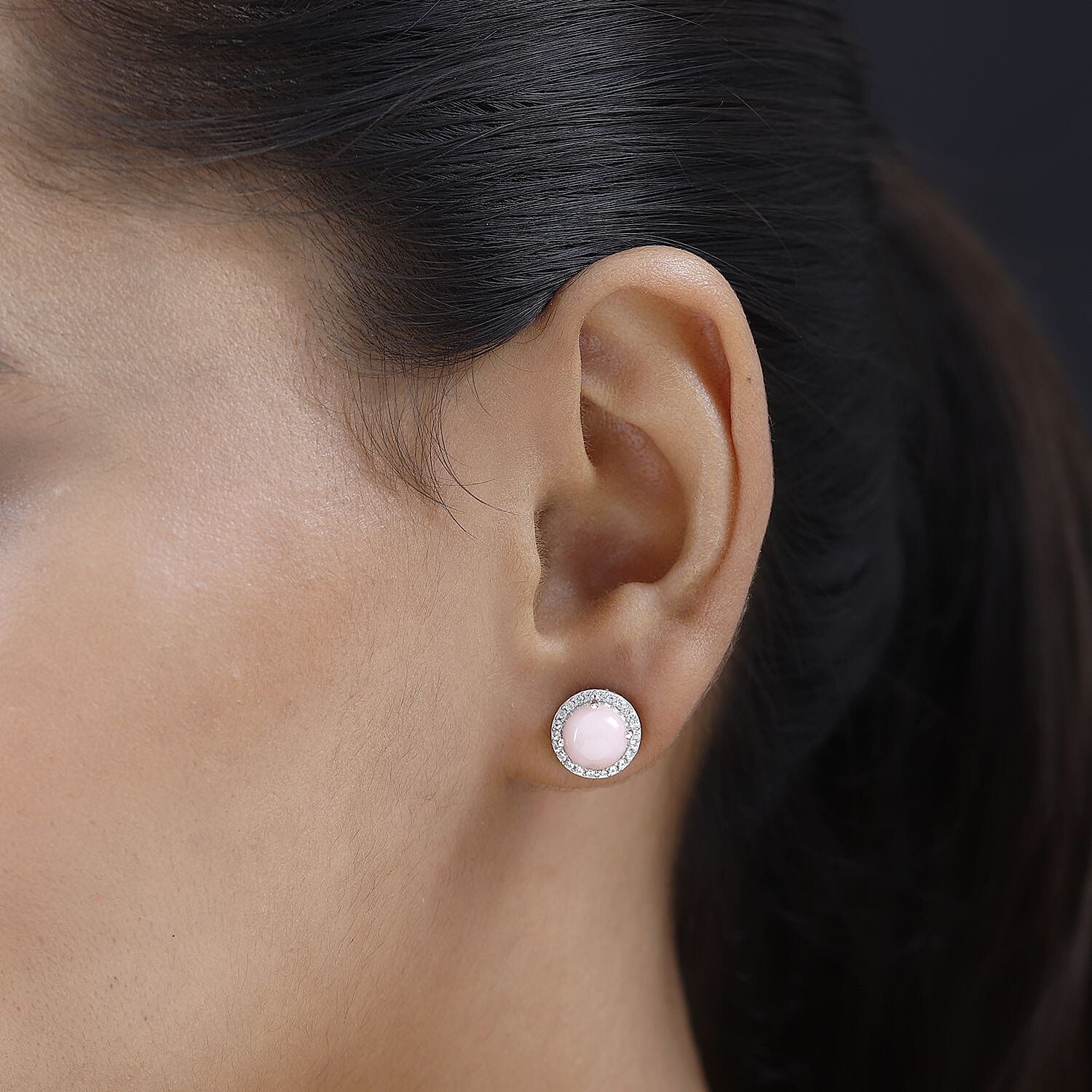 Peruvian Pink Opal and White Zircon Halo Stud Earrings in Platinum Over Sterling Silver 4.10 ctw