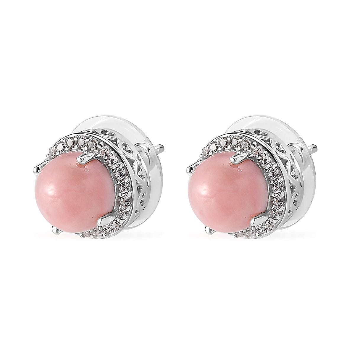 Peruvian Pink Opal and White Zircon Halo Stud Earrings in Platinum Over Sterling Silver 4.10 ctw