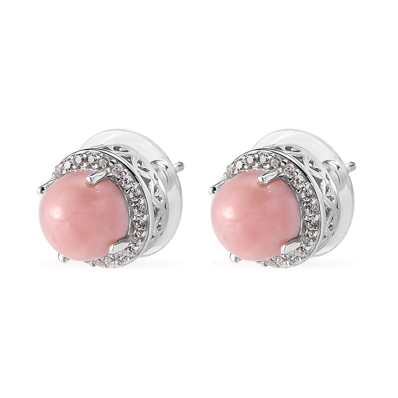 Peruvian Pink Opal and White Zircon Halo Stud Earrings in Platinum Over Sterling Silver 4.10 ctw