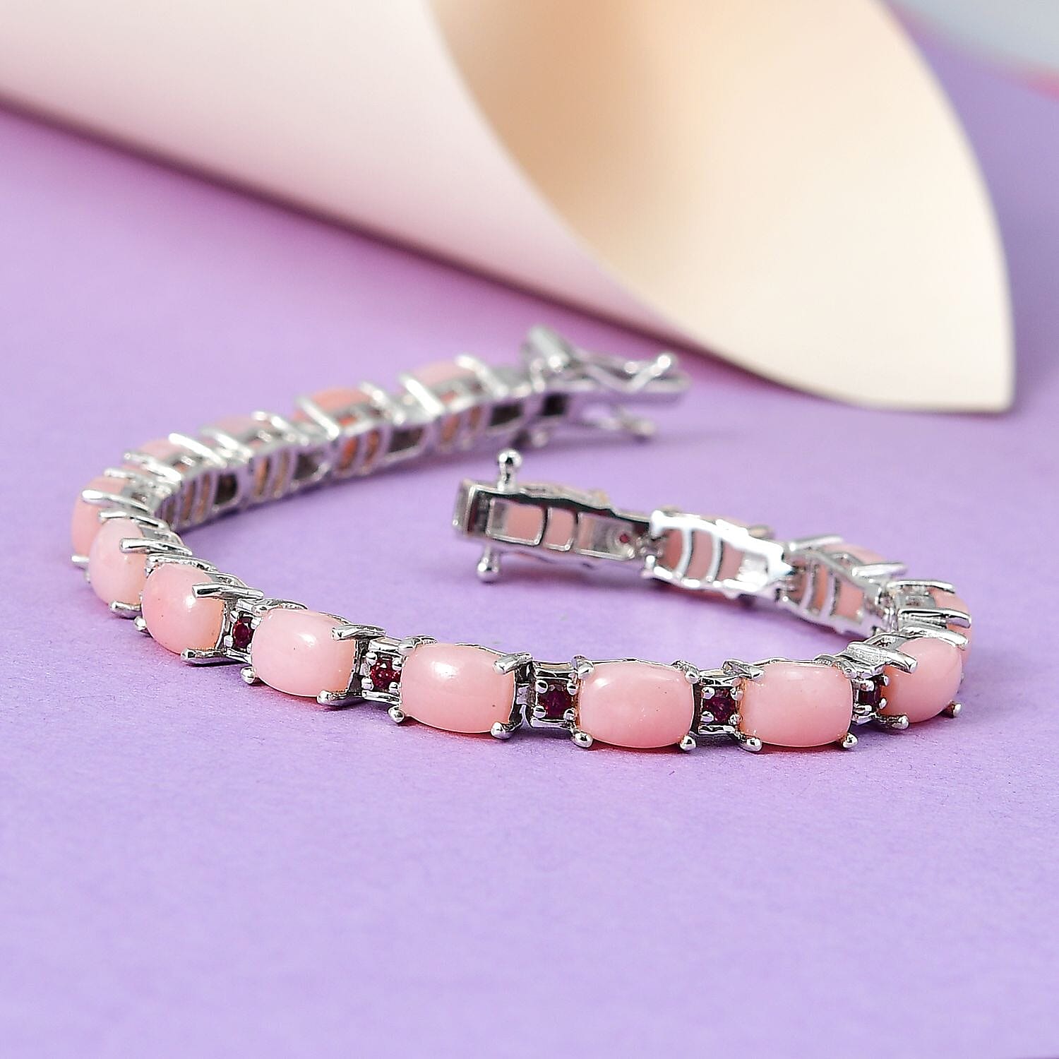 Peruvian Pink Opal and Orissa Rhodolite Garnet Tennis Bracelet in Platinum Over Sterling Silver (7.25 In) 14.65 ctw