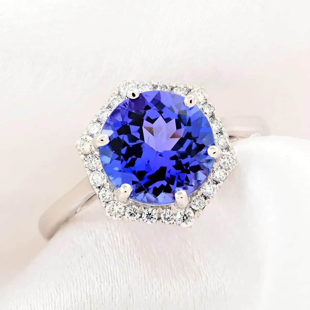 Certified & Appraised Rhapsody 950 Platinum AAAA Tanzanite and E-F VS Diamond Halo Ring (Size 6.0) 5.68 Grams 3.00 ctw image number 1