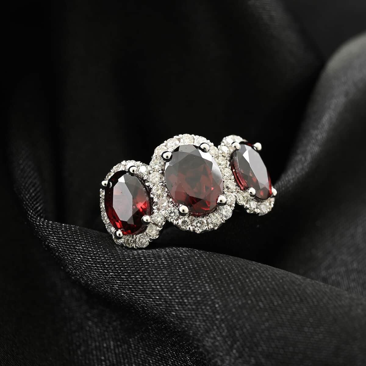 14K White Gold Red Zircon and Diamond Trilogy Halo Ring 4.30 Grams 4.85 ctw (Del. in 10-12 Days) image number 1