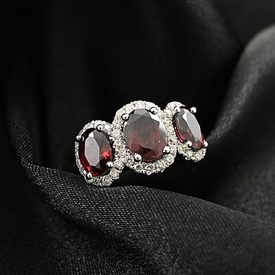 14K White Gold Red Zircon and Diamond Trilogy Halo Ring (Size 10.0) 4.30 Grams 4.85 ctw