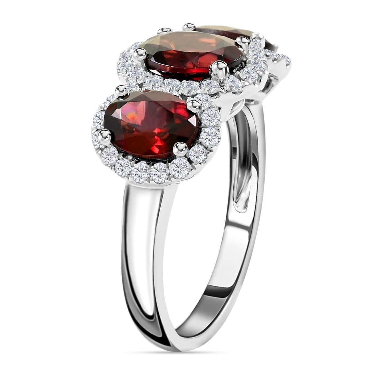 14K White Gold Red Zircon and Diamond Trilogy Halo Ring 4.30 Grams 4.85 ctw (Del. in 10-12 Days) image number 3