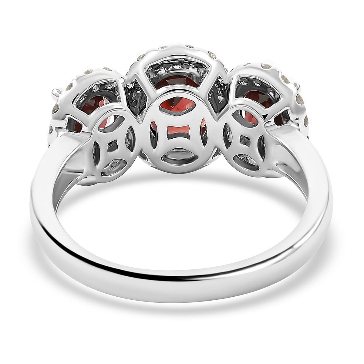 14K White Gold Red Zircon and Diamond Trilogy Halo Ring (Size 10.0) 4.30 Grams 4.85 ctw