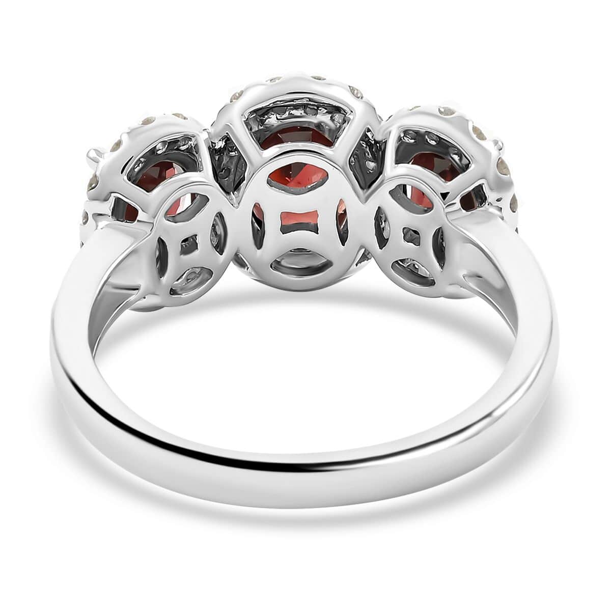 14K White Gold Red Zircon and Diamond Trilogy Halo Ring 4.30 Grams 4.85 ctw (Del. in 10-12 Days) image number 4