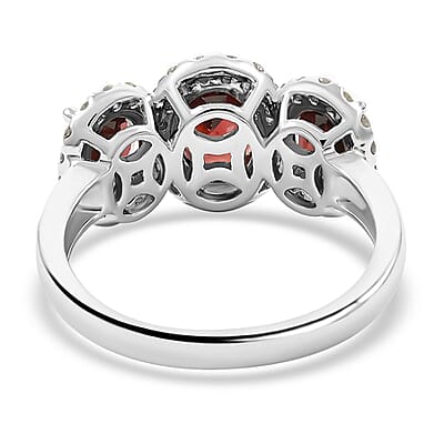 14K White Gold Red Zircon and Diamond Trilogy Halo Ring (Size 10.0) 4.30 Grams 4.85 ctw