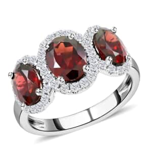 14K White Gold Red Zircon and Diamond Trilogy Halo Ring (Size 11.0) 4.30 Grams 4.85 ctw