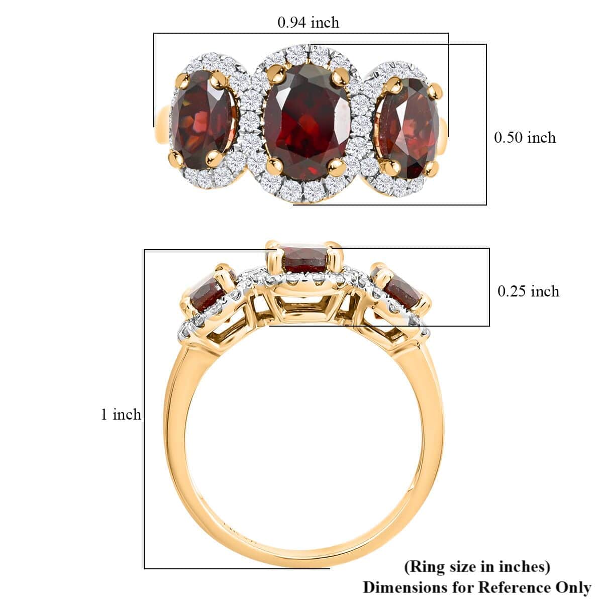 14K Yellow Gold Red Zircon and Diamond Trilogy Halo Ring (Size 5.0) 4.30 Grams 4.85 ctw image number 5