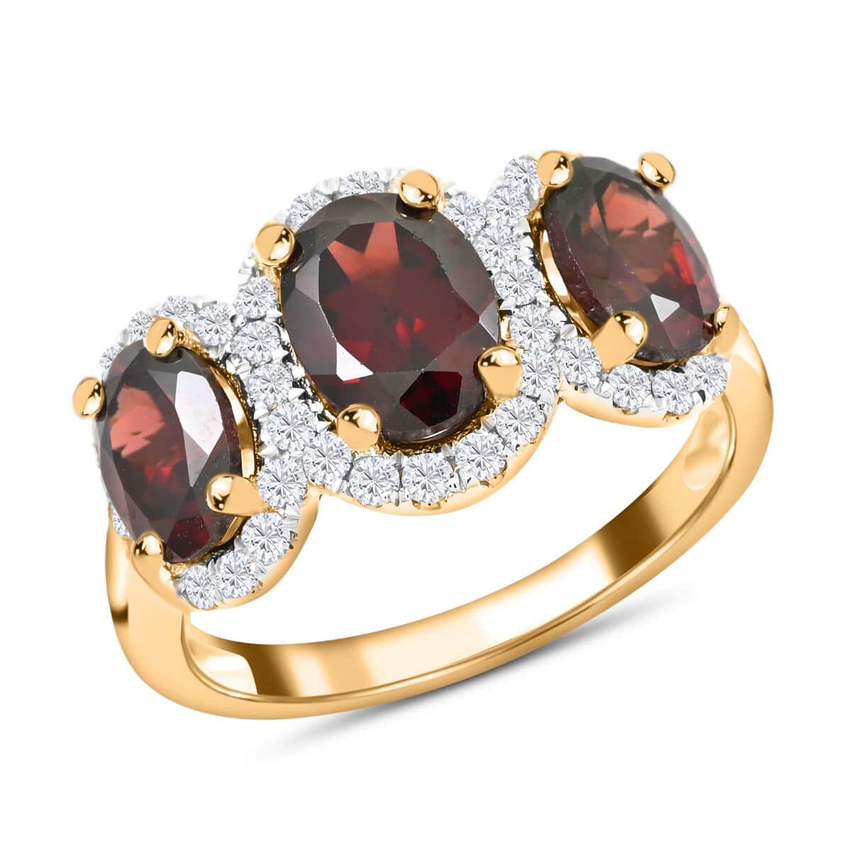 14K Yellow Gold Red Zircon and Diamond Trilogy Halo Ring (Size 8.0) 4.30 Grams 4.85 ctw image number 0