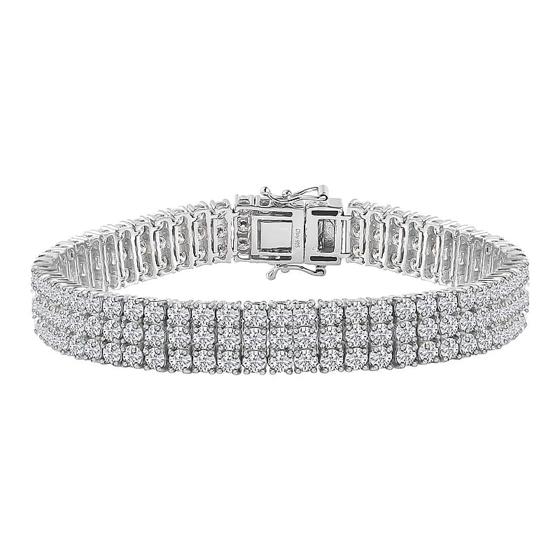 Moissanite 3 Row Bracelet in Platinum Over Sterling Silver, Moissanite Jewelry, Birthday Anniversary Gift For Her (6.50 In) 16.40 ctw