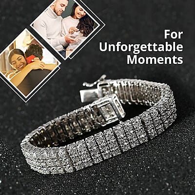 Moissanite 3 Row Bracelet in Platinum Over Sterling Silver, Moissanite Jewelry, Birthday Anniversary Gift For Her (6.50 In) 16.40 ctw