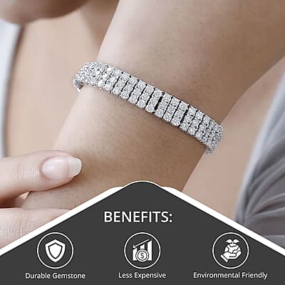 Moissanite 3 Row Bracelet in Platinum Over Sterling Silver, Moissanite Jewelry, Birthday Anniversary Gift For Her (6.50 In) 16.40 ctw