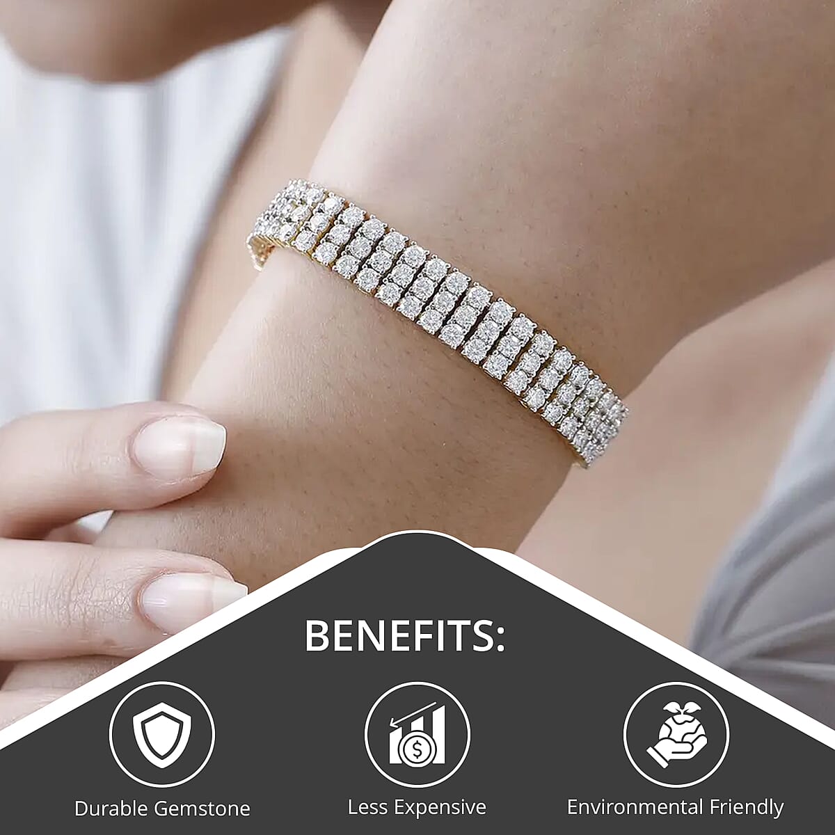 Moissanite 18.85 ctw 3 Row Bracelet in Vermeil Yellow Gold Over Sterling Silver, Moissanite Jewelry, Birthday Anniversary Gift For Her (8.00 In) image number 3