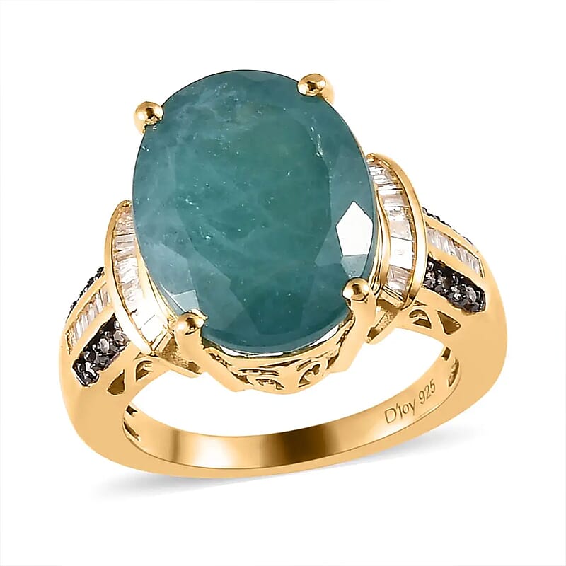 Premium Grandidierite, Natural Champagne and White Diamond Ring in Vermeil Yellow Gold Over Sterling Silver (Size 10.0) 11.65 ctw