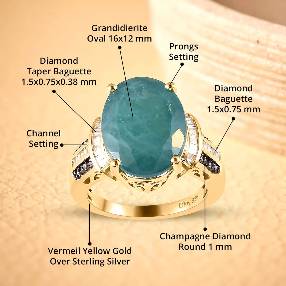 Doorbuster Premium Grandidierite, Natural Champagne and White Diamond Ring in Vermeil Yellow Gold Over Sterling Silver (Size 10.0) 11.65 ctw image number 4