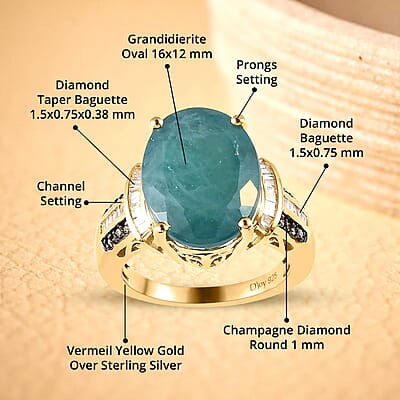 Premium Grandidierite, Natural Champagne and White Diamond Ring in Vermeil Yellow Gold Over Sterling Silver (Size 10.0) 11.65 ctw