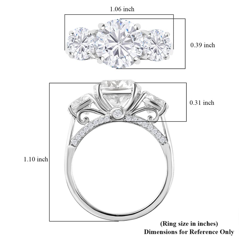 Heart and Arrow Cut Moissanite Trilogy Ring in Platinum Over Sterling Silver (Size 10.0) 4.25 ctw