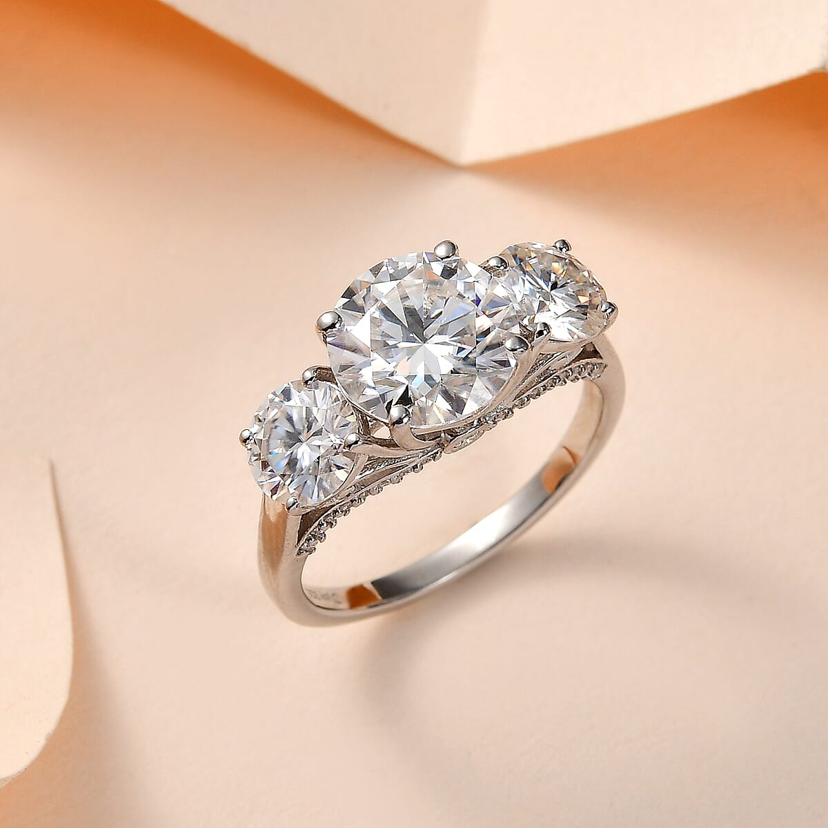 Doorbuster Moissanite Trilogy Ring in Platinum Over Sterling Silver (Size 10.0) 4.25 ctw image number 1