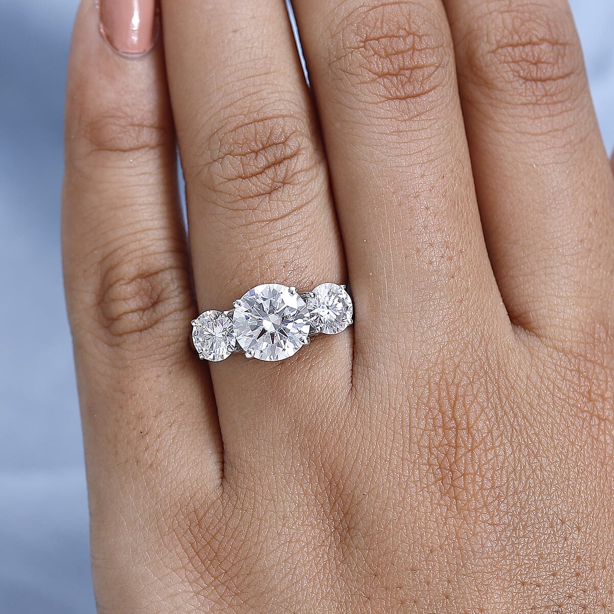 Doorbuster Moissanite Trilogy Ring in Platinum Over Sterling Silver (Size 10.0) 4.25 ctw image number 2