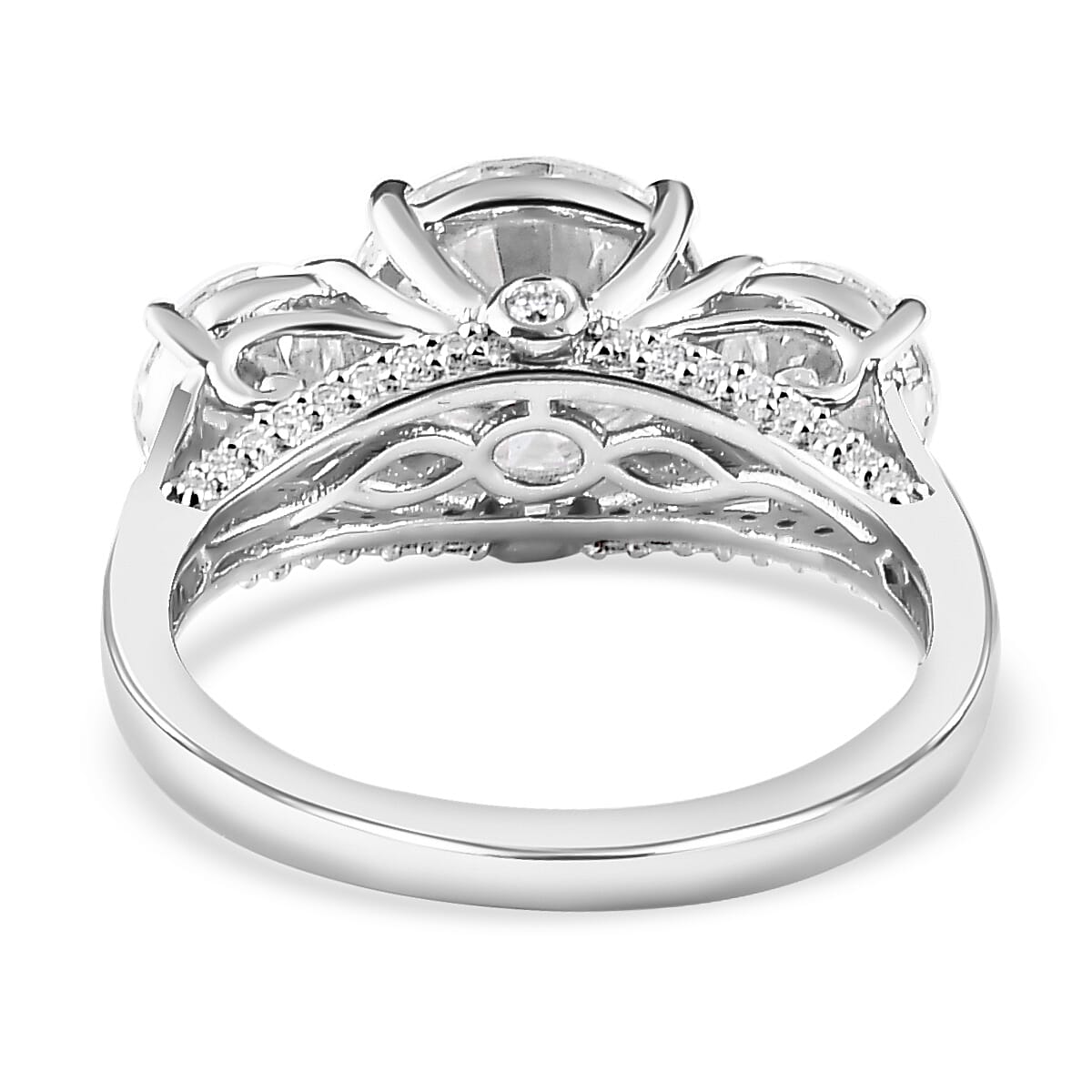 Doorbuster Moissanite Trilogy Ring in Platinum Over Sterling Silver (Size 10.0) 4.25 ctw image number 4