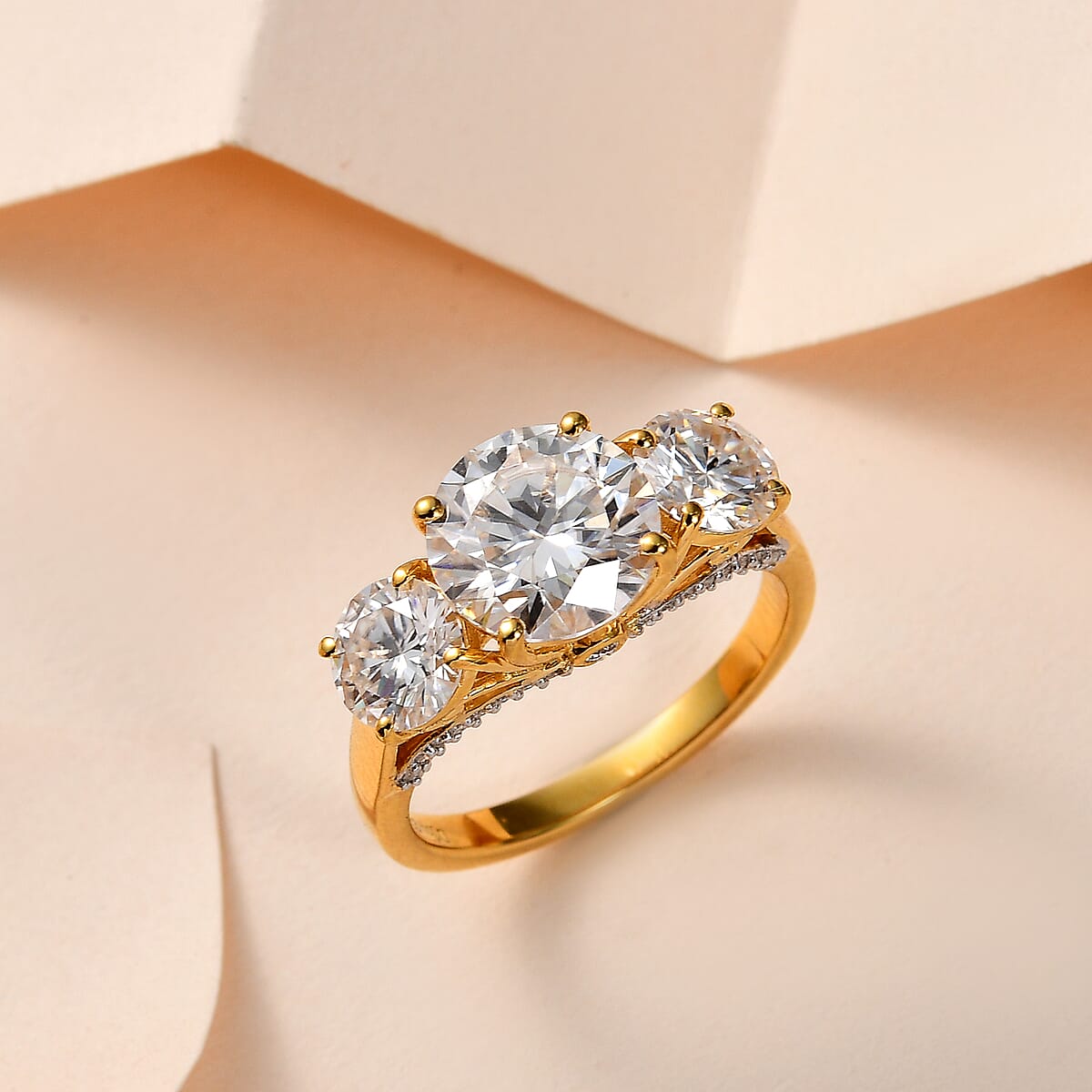 Heart and Arrow Cut Moissanite Trilogy Ring in Vermeil Yellow Gold Over Sterling Silver (Size 7.0) 4.25 ctw image number 1