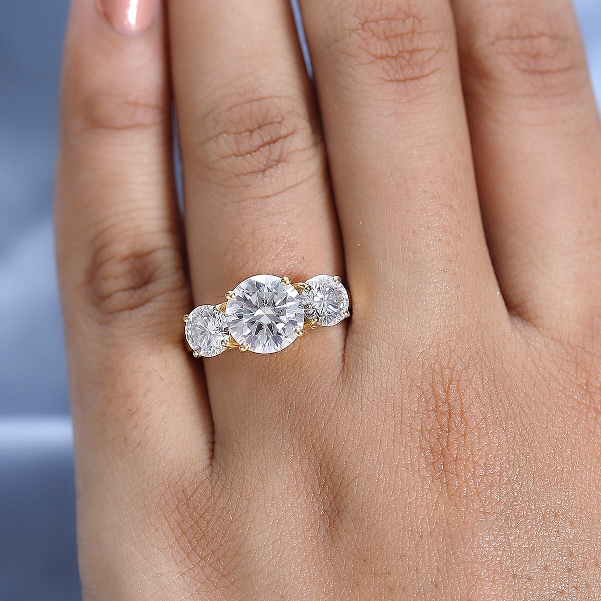 Heart and Arrow Cut Moissanite Trilogy Ring in Vermeil Yellow Gold Over Sterling Silver (Size 7.0) 4.25 ctw image number 2