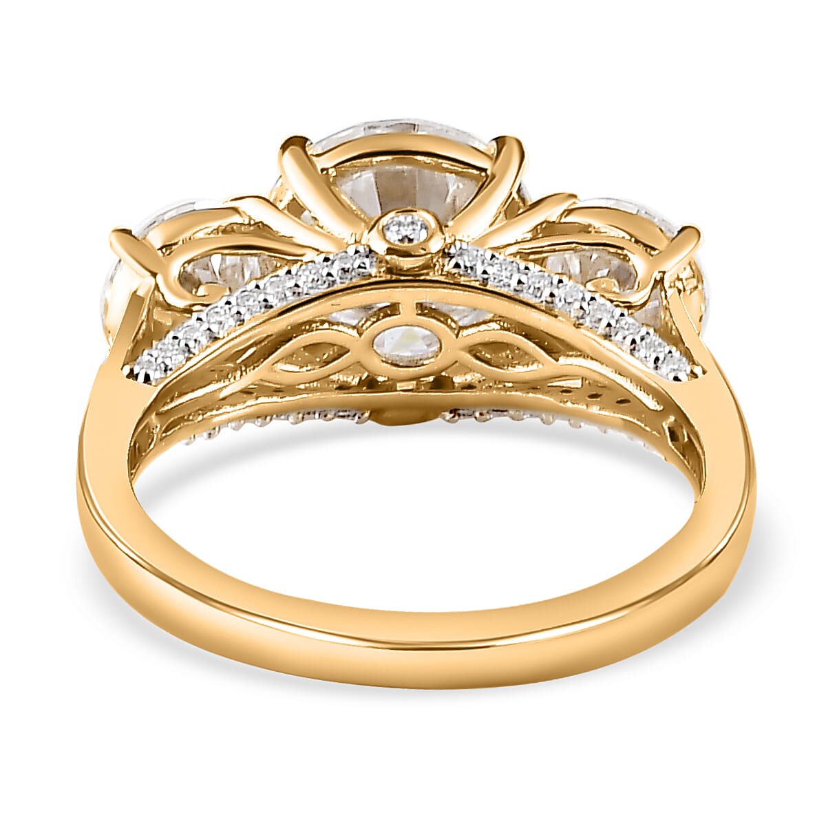 Heart and Arrow Cut Moissanite Trilogy Ring in Vermeil Yellow Gold Over Sterling Silver (Size 7.0) 4.25 ctw image number 4
