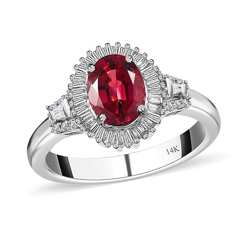 Luxoro 14K White Gold AAA Ouro Fino Rubellite and G-H I2 Diamond Halo Ring (Size 6.0) 4.50 Grams 1.60 ctw