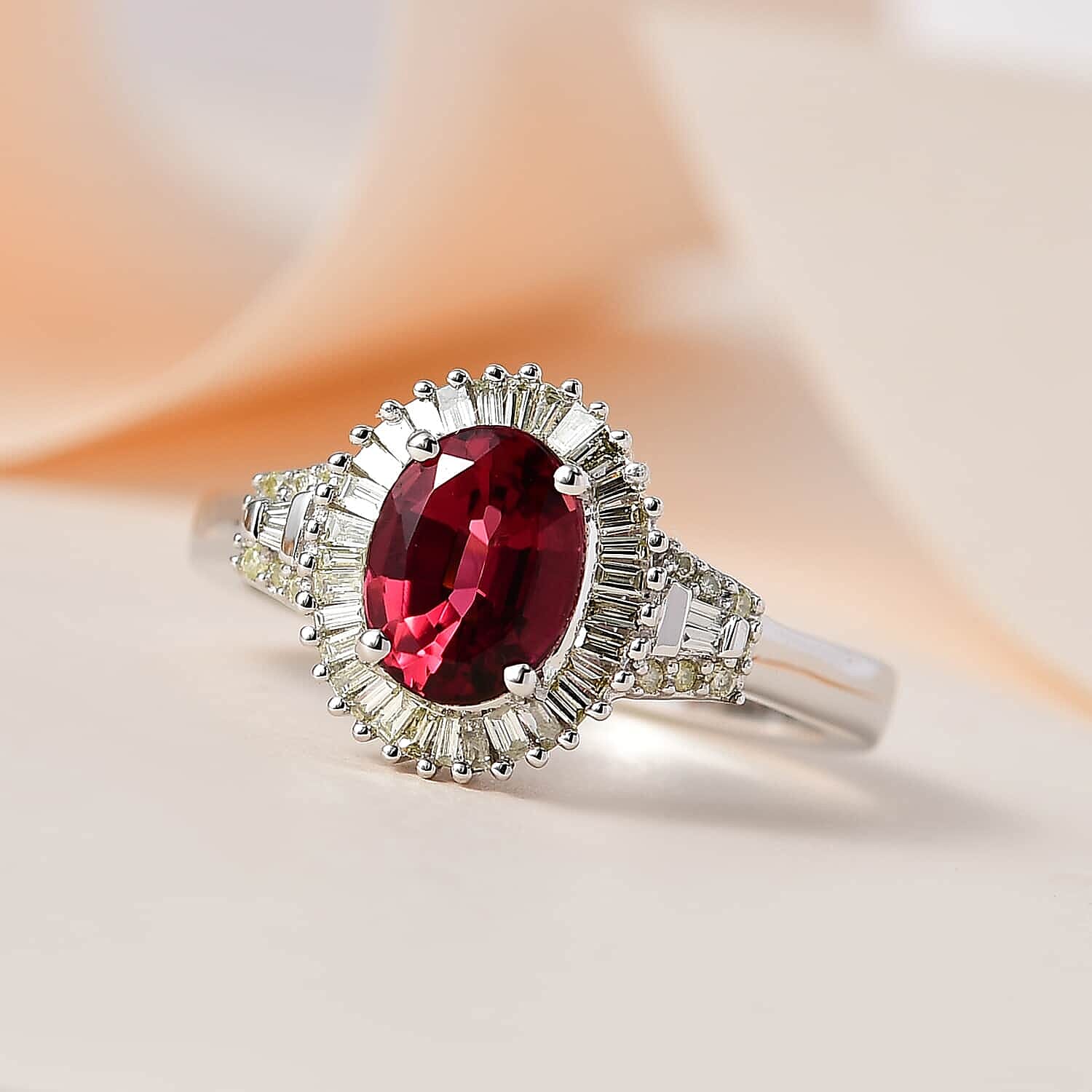 Luxoro 14K White Gold AAA Ouro Fino Rubellite and G-H I2 Diamond Halo Ring (Size 6.0) 4.50 Grams 1.60 ctw