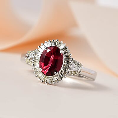Luxoro 14K White Gold AAA Ouro Fino Rubellite and G-H I2 Diamond Halo Ring (Size 6.0) 4.50 Grams 1.60 ctw