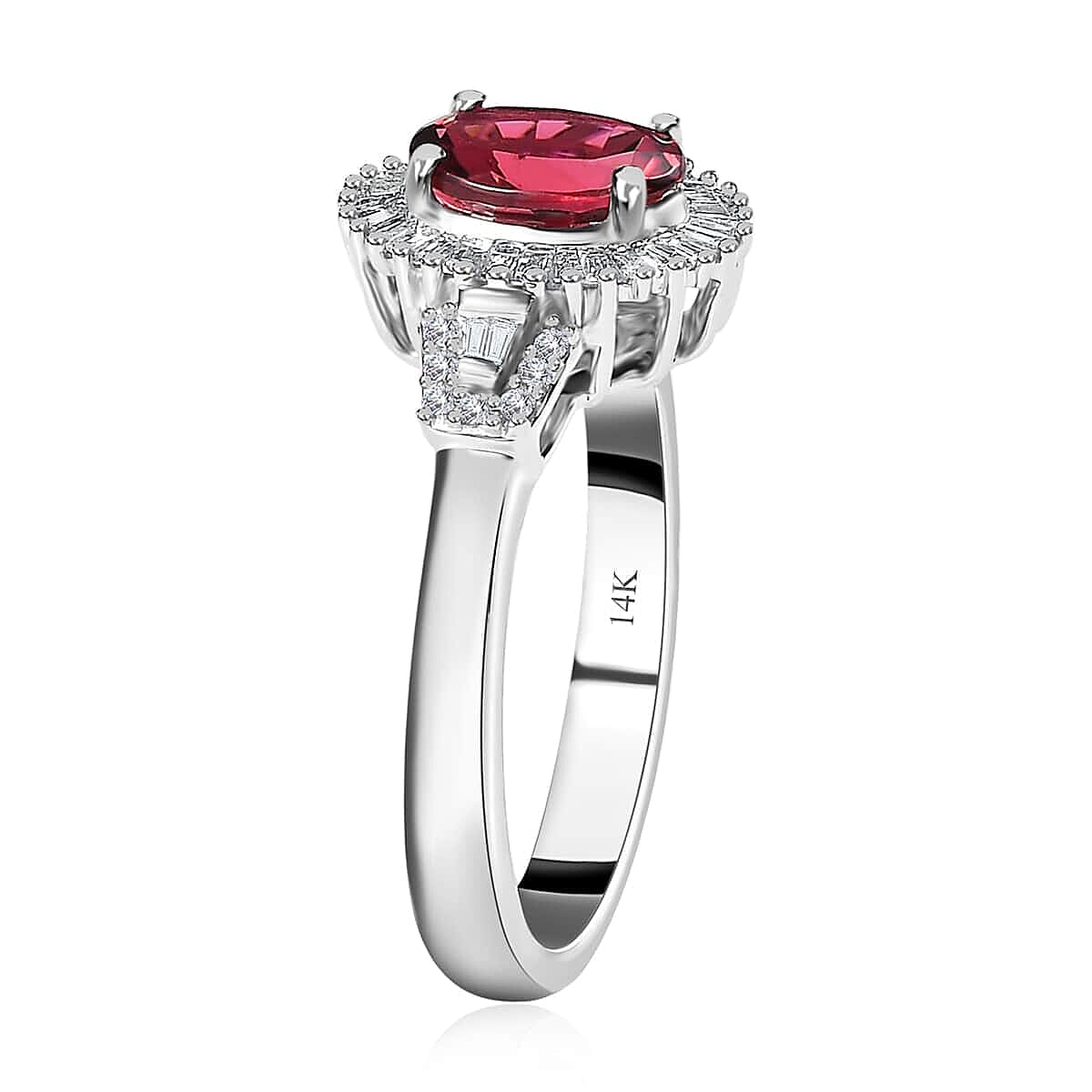Luxoro 14K White Gold AAA Ouro Fino Rubellite and G-H I2 Diamond Halo Ring (Size 6.0) 4.50 Grams 1.60 ctw
