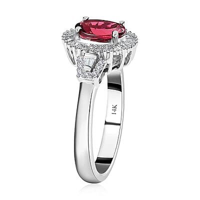 Luxoro 14K White Gold AAA Ouro Fino Rubellite and G-H I2 Diamond Halo Ring (Size 6.0) 4.50 Grams 1.60 ctw