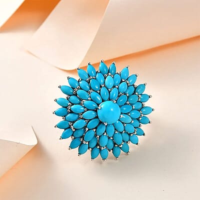 Sleeping Beauty Turquoise Floral Spray Ring in Platinum Over Sterling Silver (Size 10.0) 10.90 ctw
