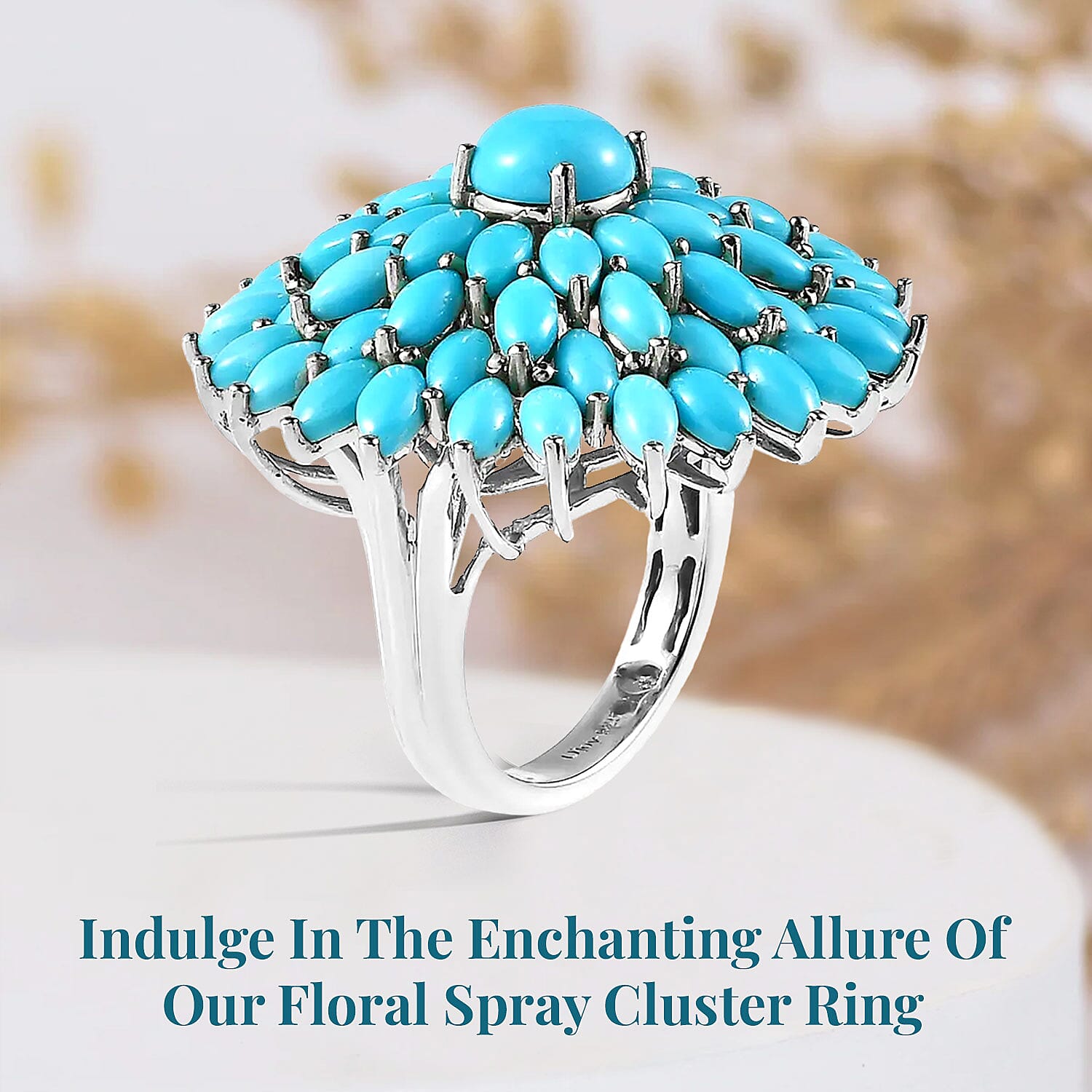 Sleeping Beauty Turquoise Floral Spray Ring in Platinum Over Sterling Silver (Size 10.0) 10.90 ctw
