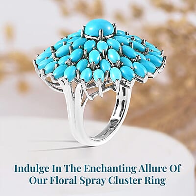 Sleeping Beauty Turquoise Floral Spray Ring in Platinum Over Sterling Silver (Size 10.0) 10.90 ctw