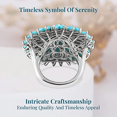 Sleeping Beauty Turquoise Floral Spray Ring in Platinum Over Sterling Silver (Size 10.0) 10.90 ctw