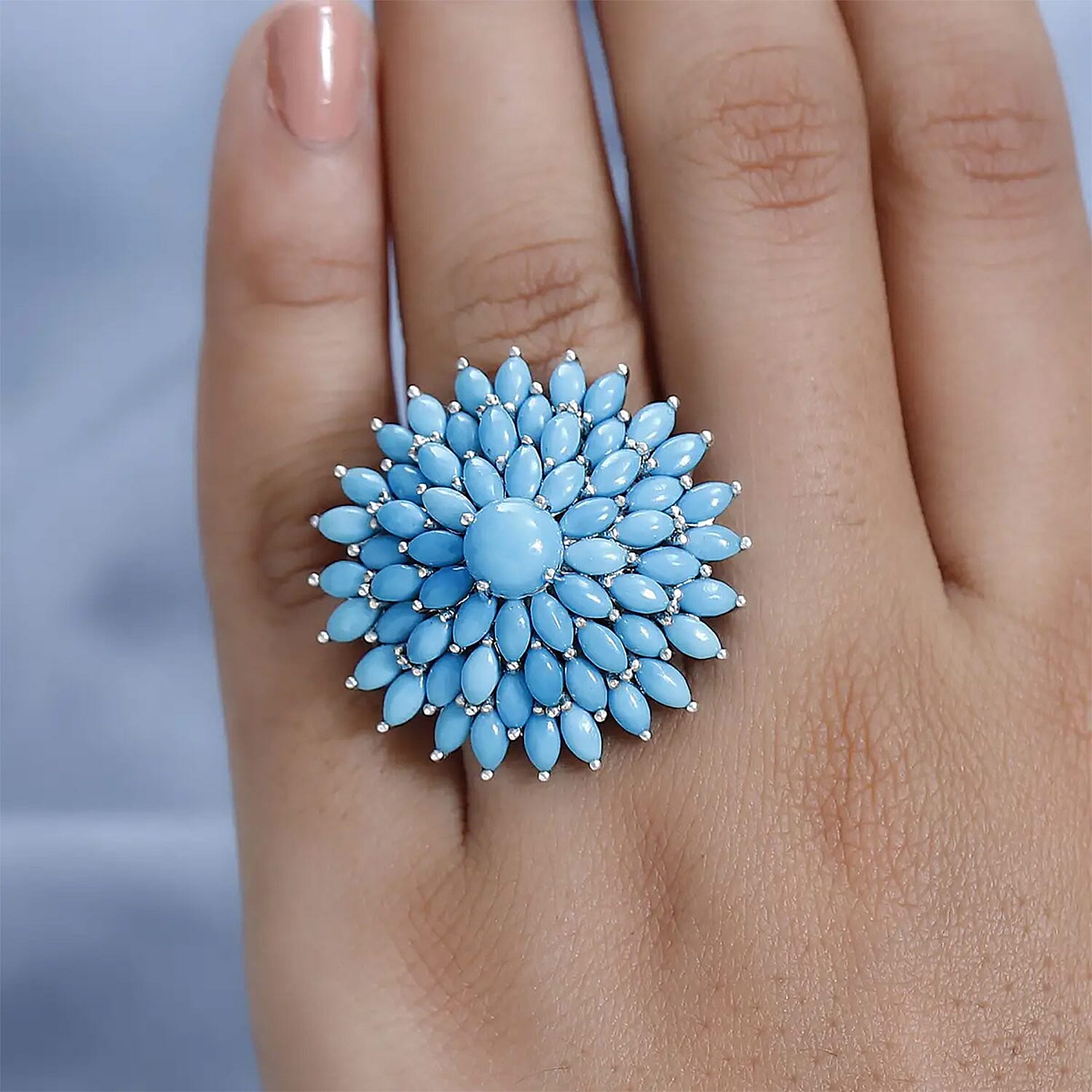 Sleeping Beauty Turquoise Floral Spray Ring in Platinum Over Sterling Silver (Size 10.0) 10.90 ctw
