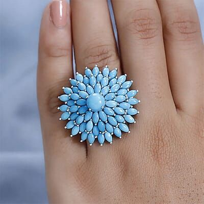 Sleeping Beauty Turquoise Floral Spray Ring in Platinum Over Sterling Silver (Size 10.0) 10.90 ctw