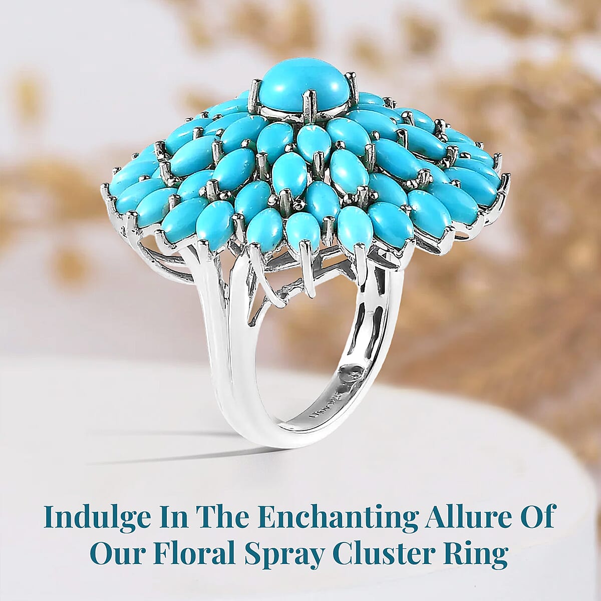 Sleeping Beauty Turquoise Floral Spray Ring in Platinum Over Sterling Silver (Size 7.0) 10.90 ctw image number 2
