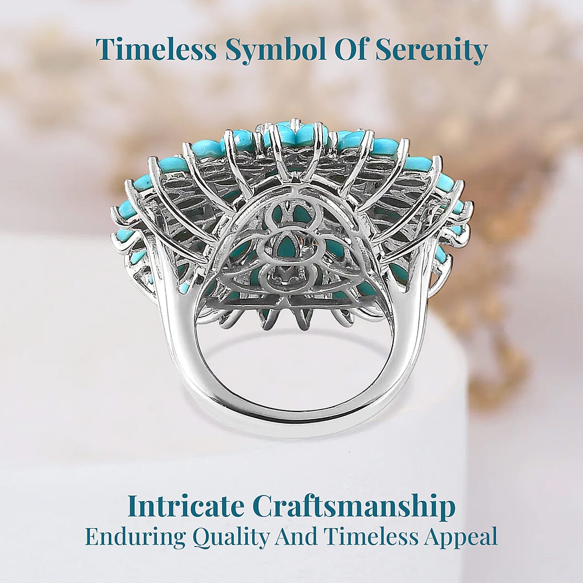 Sleeping Beauty Turquoise Floral Spray Ring in Platinum Over Sterling Silver (Size 7.0) 10.90 ctw image number 3