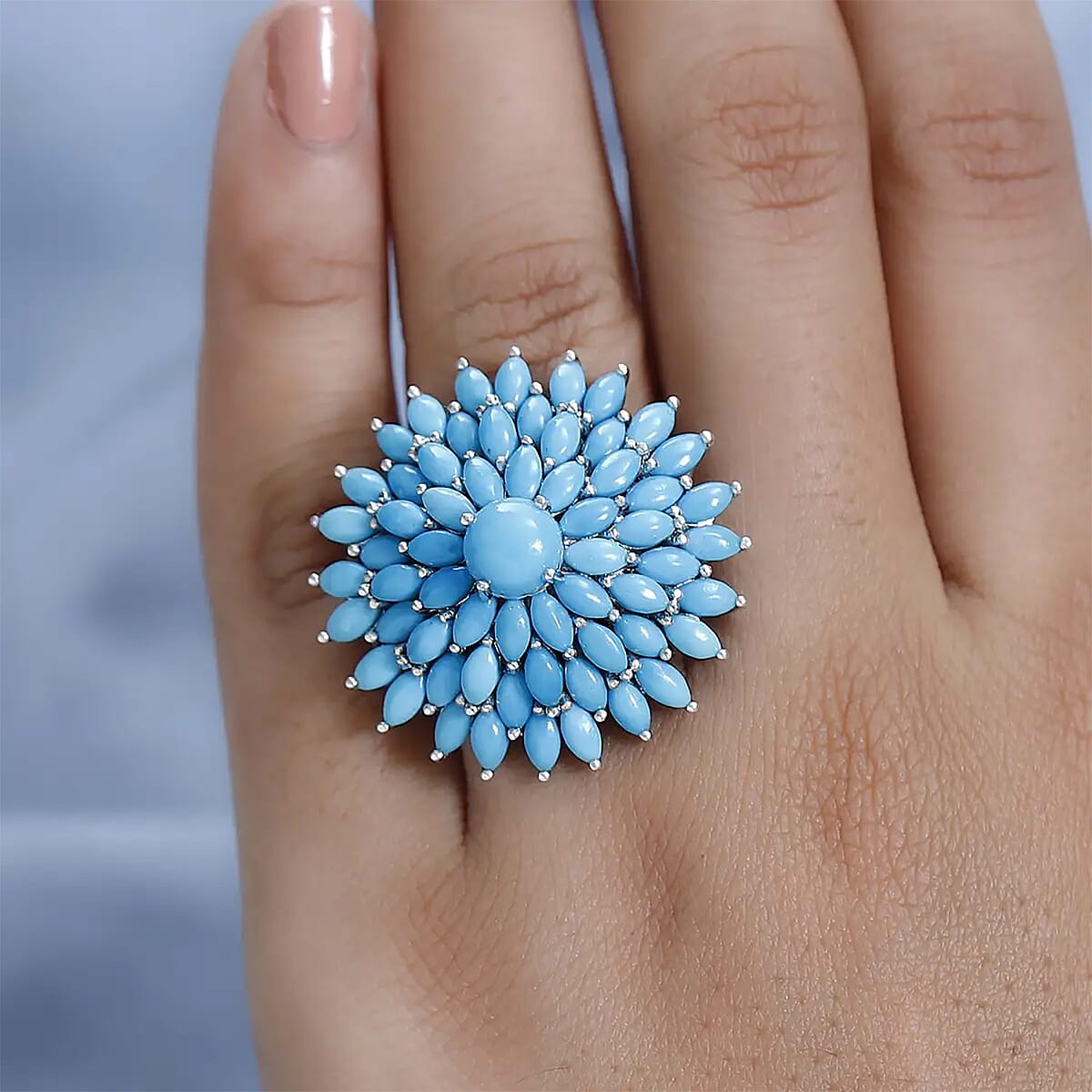 Sleeping Beauty Turquoise Floral Spray Ring in Platinum Over Sterling Silver (Size 7.0) 10.90 ctw image number 7