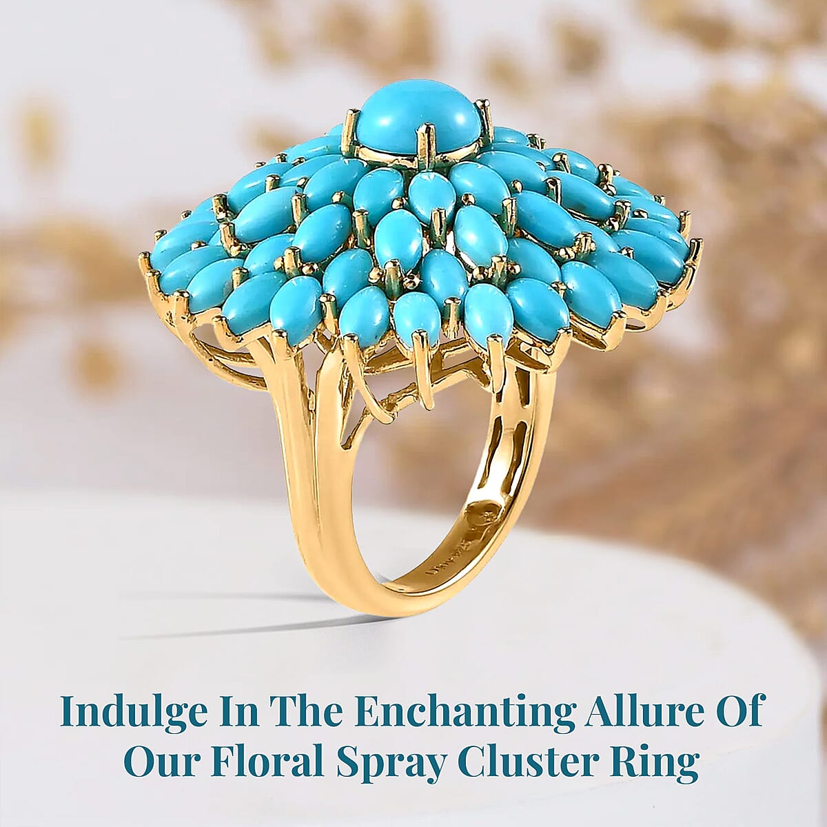 Sleeping Beauty Turquoise Floral Spray Ring in Vermeil Yellow Gold Over Sterling Silver (Size 8.0) 9.15 ctw image number 2