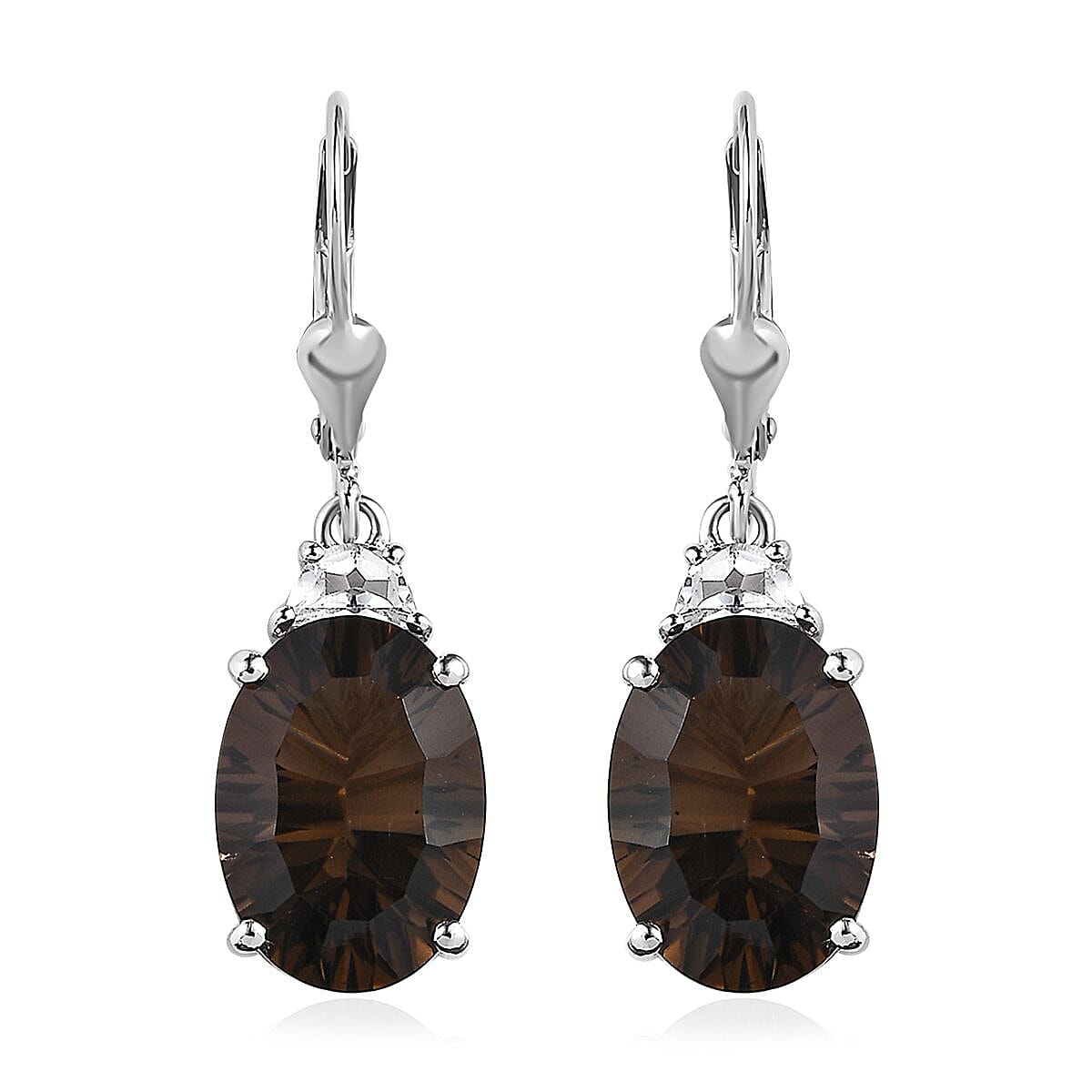 Concave Cut Smoky Quartz and White Topaz Lever Back Earrings in Platinum Over Sterling Silver 12.50 ctw