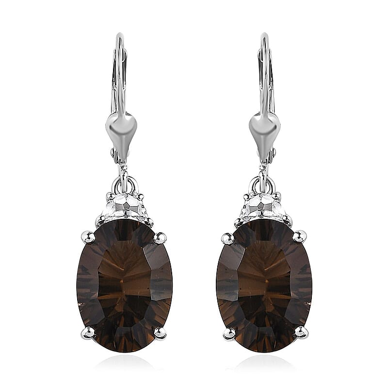 Concave Cut Smoky Quartz and White Topaz Lever Back Earrings in Platinum Over Sterling Silver 12.50 ctw
