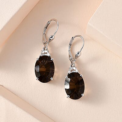 Concave Cut Smoky Quartz and White Topaz Lever Back Earrings in Platinum Over Sterling Silver 12.50 ctw